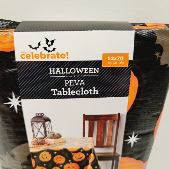 Halloween Peva Rectangle Tablecloth Jack O' Lantern Pumpkins Vinyl 52”x 70” - Picture 2 of 3